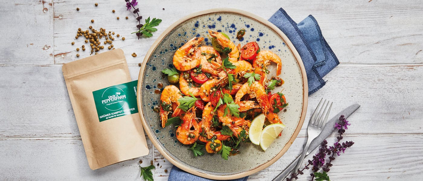 Gambas mit Grünem Kampot Pfeffer