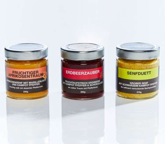 Geschenkbox - 3 Delikatessen mit Kampot Pfeffer (Aprikosensenf, Erdbeer Fruchtaufstrich, Grober Senf) – Bild 2