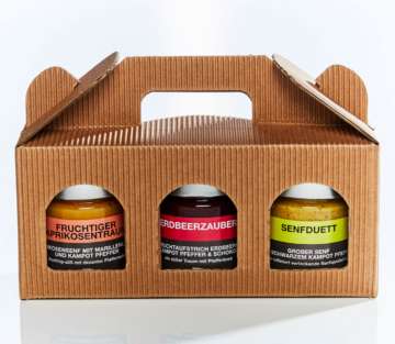 Geschenkbox - 3 Delikatessen mit Kampot Pfeffer (Aprikosensenf, Erdbeer Fruchtaufstrich, Grober Senf)